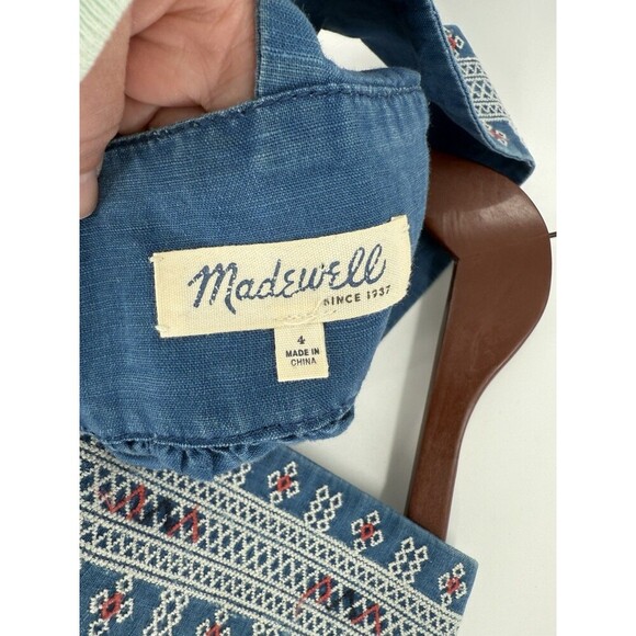 Madewell Embroidered Siesta Linen Blend Chambray Blue Smock Tank Top Size 4 EUC - Picture 9 of 13